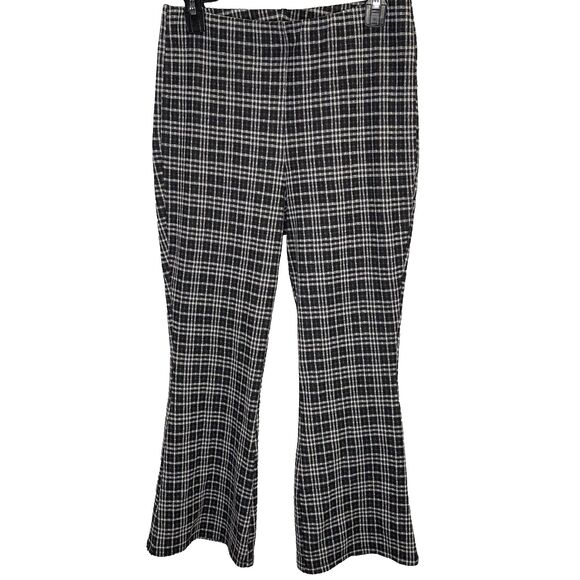 STITCH & PINE Pants Plaid Knit Flared Cropped High Waist Womens M Black White - Picture 1 of 8
